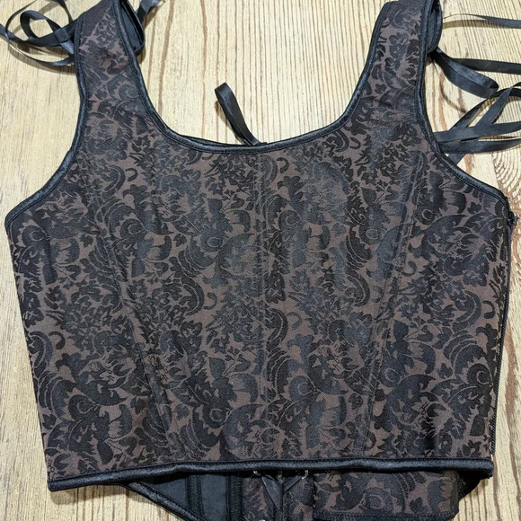 Black Lace Goth Corset Top L Dark Academia Coquette Alt Bustier Sheer Floral Bon - Picture 4 of 6